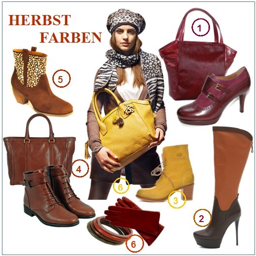 Mit den neuen Herbstfarben wird es einem so richtig mollig warm. <br />Foto: 1 Tasche in warmen Rotnuancen und Fellapplikation Jost - Spangenpumps Dunkelrot Fratelli Rosetti  /  2 High-Heel Stiefel  Dunkelbraun/Cognac RosaRot / 3 Boots Gelb Shabbies Amsterdam  / 5 Western-Boots Mittelbraun mit goldenen Nieten Miezko / <br />4 Schnürstiefel + Tasche Braun Tosca Blu / 5 Stiefelette im Western-Look Mittelbraun mit Gold-Nieten / 6 Tasche Gelb Betty Barclay - Outfit Cinque - Kappe + Schal Seeberger  the Wild